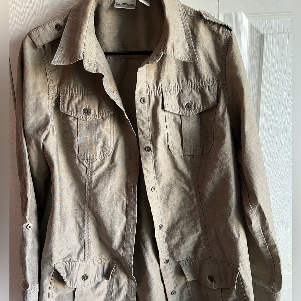 Chicos Utility Jacket Cargo Chambray Denim Olive Amry Green Womens Medium